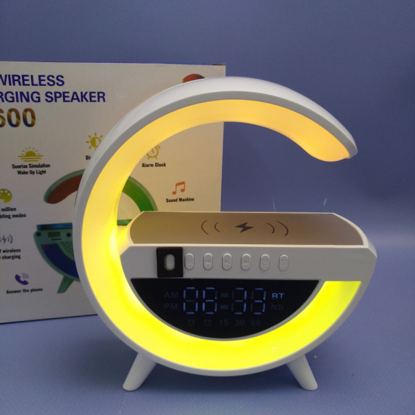 Светильник настольный с беспроводной зарядкой, колонкой, FM-радио, будильник G600 / 7 цветов, блютуз - колонка